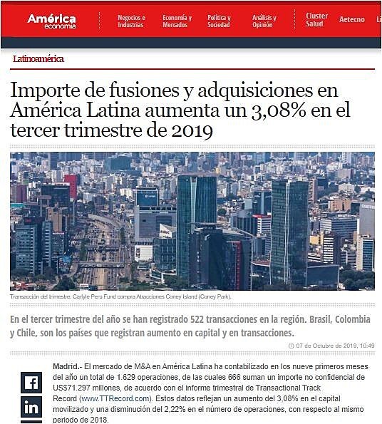 Importe de fusiones y adquisiciones en Amrica Latina aumenta un 3,08% en el tercer trimestre de 2019